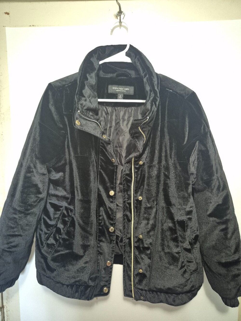 Andrew Marc Black Plush Velvet Puffer Jacket M Luxe Velour Y2K Streetwear